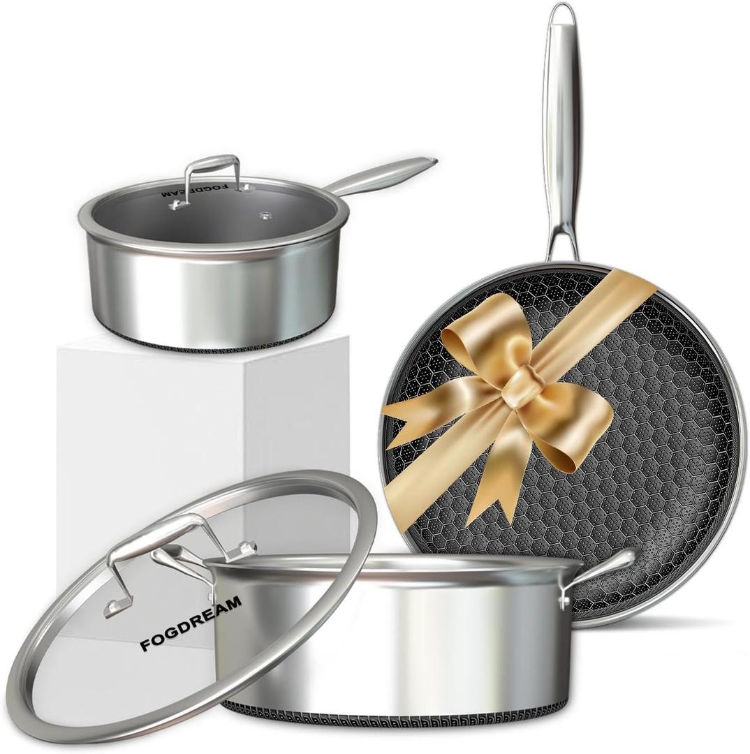 FogDream 5 Pcs Stainless Steel Cookware Set, 9.5in Non Stick Frying Pan, 5-Quart Soup Pot & 2.3-Quart Sauce Pan with 2 Lids, Stay-Cool Handles, Dishwasher & Oven-Safe, Induction Compatible, Silver