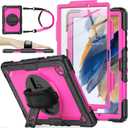 SEYMAC stock Case for Samsung Galaxy Tab A8 10.5'', Full-Body Drop Protection Case with Screen Protector Pencil Holder [360 Rotating Hand Strap] &Stand, Pink+Black