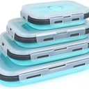 Set of 4 Collapsible Foldable Silicone Food Storage Containers,Ktichen Collapsible Storage Bowls with Airtight Plastic Lids for Leftover, Silicone Lunch Box-Microwave,Dishwasher,Freezer Safe (blue Square)
