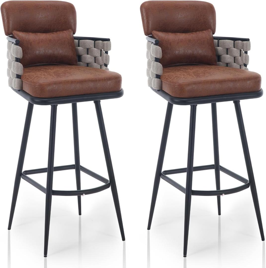 Bar Stools Set of 2 Counter Height Bar Stools 26 Inches Hand Woven Bar Chair for Kitchen Island, Bar Counter, Pub, Dining Room,Cafe (Dark Brown/Beige)