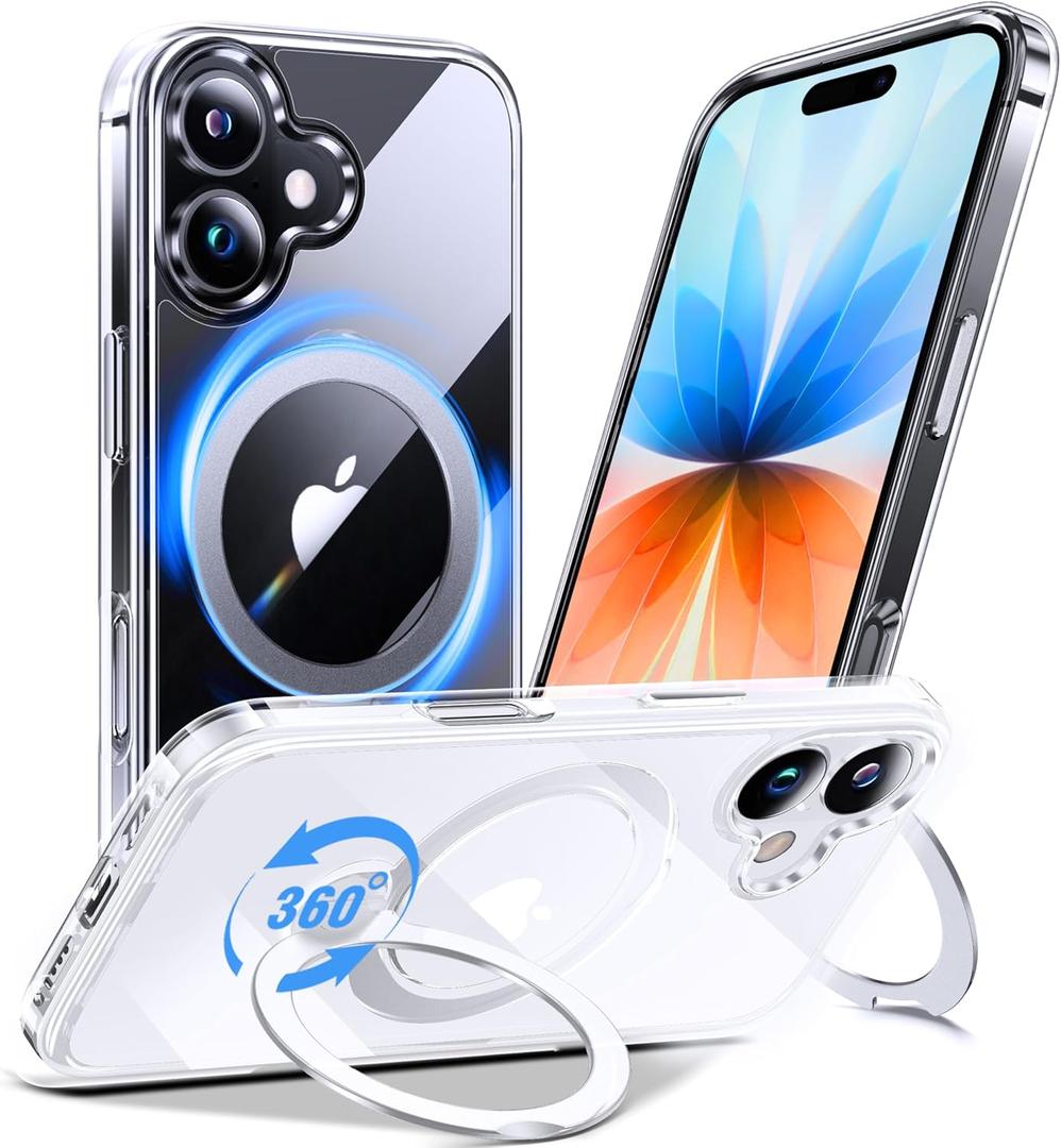 Anqrp 360 All-in-ONE Crystal Clear Case for iPhone 17 with Rotatable Magnetic Stand, Compatible with Mag-Safe, Anti-Yellowing Transparent MIL-Grade Shockproof Phone Case Cover for iPhone 17