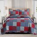 Ycosy Plaid Quilt Set Twin Size Country Patchwork Bedding Set Lightweight Reversible Bedspread Coverlet Set Red Blue Pliad Quilts Soft Home Collections with 2 Pillow Shams
