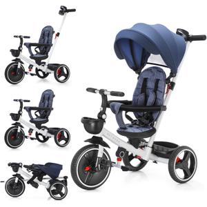 6-in-1 Baby Tricycle, Folding Kids Trike with Adjustable Parent Handle, Safety Harness, Wheel Brakes, and Removable Canopy, Stroller Bike Gift for Toddlers 10 Months to 5 Years (Blue)