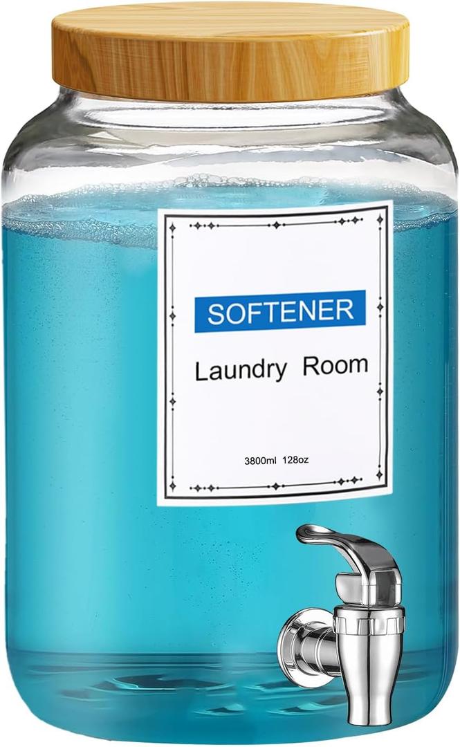 Laundry Detergent Dispenser,1 Gallon Glass Liquid Laundry Detergent Dispenser, for Bleach, Fabric Softener,Laundry Soap Dispenser, for Laundry Room Organization and Storage Light Wood 128 Oz