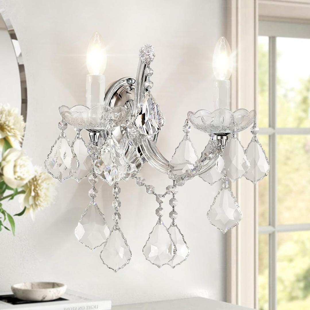 Crystal Wall Sconce Lighting, 2-Light Modern Crystal Wall Light Fixture Bathroom Maria Theresa Wall Lamp Light Fixtures Chrome Wall Sconce Light Wall Mounted Lamp for Living Room,Bedroom,Indoor