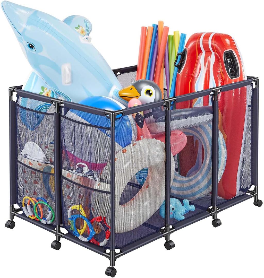 VEVOR Pool Storage Bin, 48.8 x 32.7 x 32.7 in, Rolling Pool Float Storage Organizer with Side Pockets & Casters, Heavy Duty Metal Frame, Poolside Toys Noodles Holder Mesh Basket for Swimming Pools