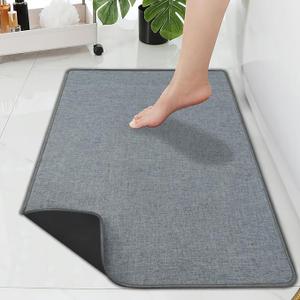 16"x26" Ultra Thin Gray Bathroom Rugs,Low Profile Bath Mat Non Slip Fit Under Door Absorbent Shower Rug Washable Grey Indoor Door Mat Small