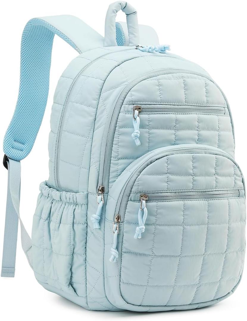 Bookbag for Women, Teen Girls Backpack for High School College Student, Puffer Quilted Back Pack Cute Laptop Backpack for Work Travel Mom Casual Daypack, Blue (15.6in)
