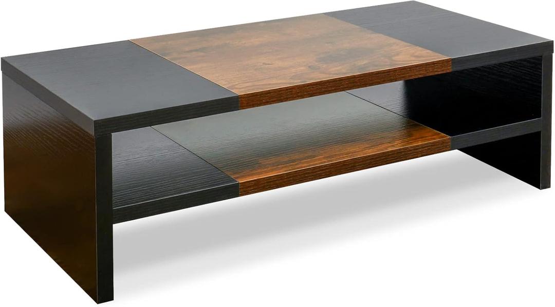 TEAMIX 2 Tiers Desktop Monitor Stand Riser 20 Inch Printer Stand with Storage Small TV Riser Laptop Wooden Desk Organizer Shelf Bookshelf (Black+Brown, 2 tiers)