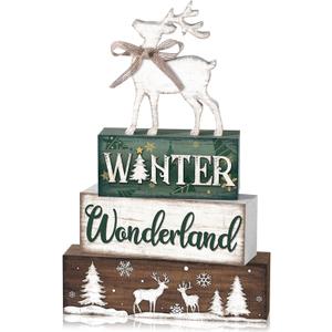 Yousoontic 4 Pcs Winter Decor Woodland Christmas Wooden Sign Blocks Table Centerpiece with Reindeer Snowflakes Trees Rustic Holiday Decorations for Farmhouse Winter Home Indoor