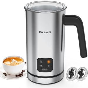 BIZEWO Milk Frother Electric, Warm and Cold Milk Steamer, 4 IN 1 Automatic Milk Warmer Stainless Steel with Touch Screen for Coffee, Latte, Macchiato, Cappuccino, Hot Chocolate (Silver)