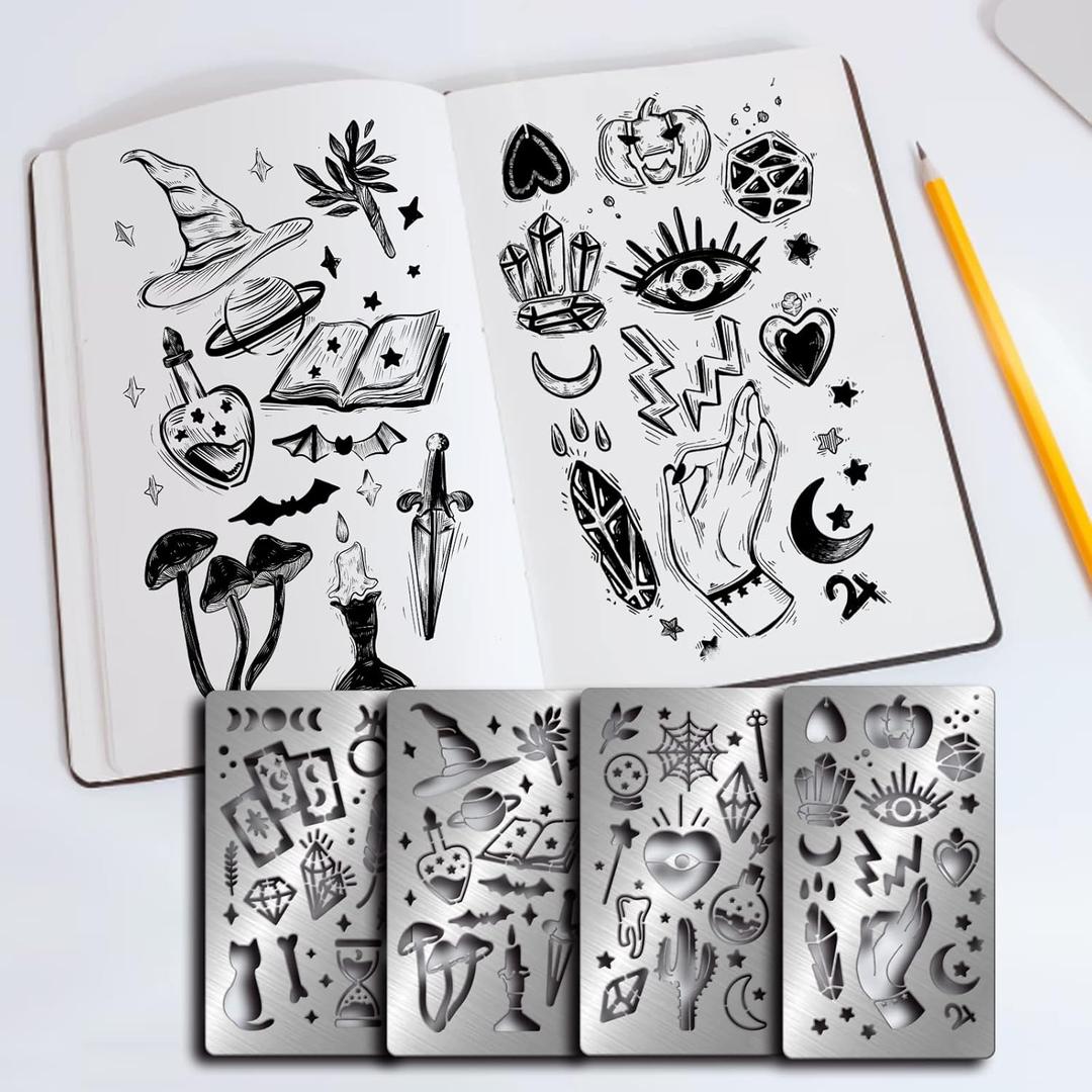 FINGERINSPIRE 4 Pcs Magic Theme Metal Stencils Template, Stainless Steel Drawing Painting Stencils for Card Making Scrapbooking DIY Etched Dies Halloween Decoration Supplies