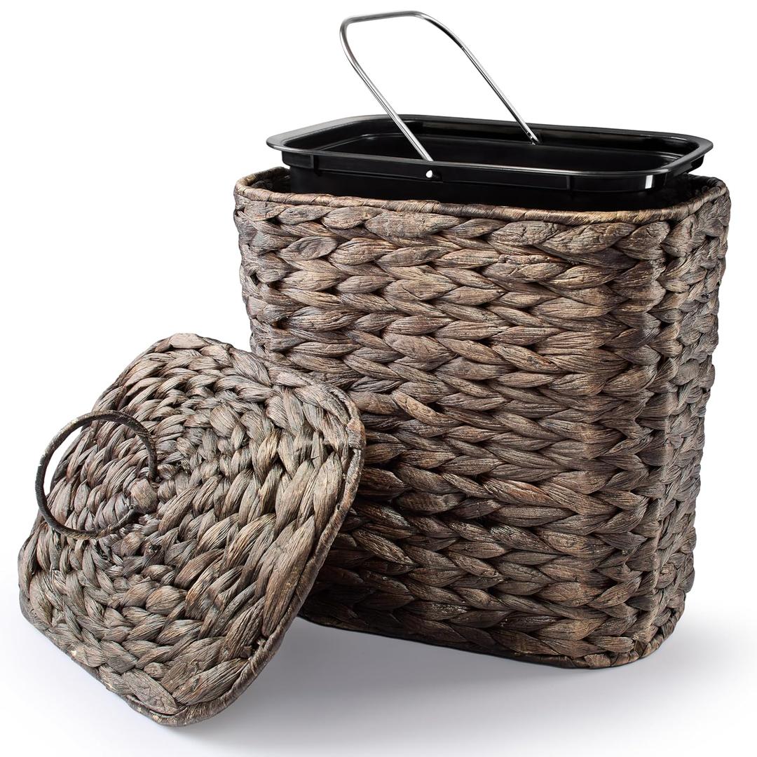 Tidita Wicker Waste Basket - Wicker Can with Lid - Water Hyacinth Bathroom Garbage Can with a Lid - Bathroom Can Boho Style - Removable Liner, Iron Frame (Black, 2 Gallons)