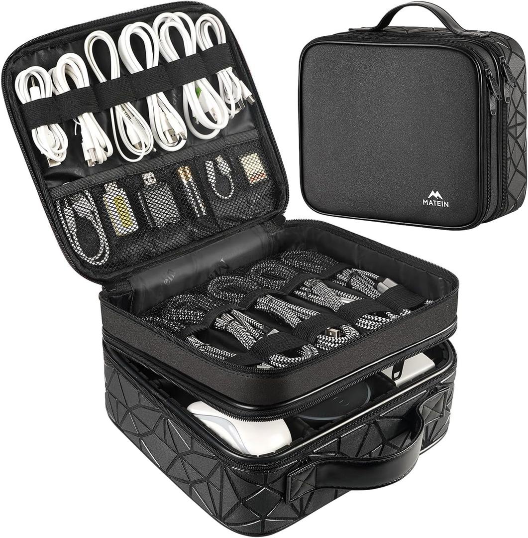 MATEIN Cable Organizer Bag, Waterproof Travel Electronic Storage with Adjustable Divider, Shockproof Portable Double Layer Tech Bag Carrying Case for Cord, Earbuds, Charger, SD Card, DJ Gifts, Black (Medium)