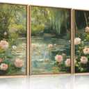 Aryroi Water Lilies Monet Framed Canvas Wall Art Set,Garden Pond Impressionist Floral Wall Decor,Vintage Oil Green Vibrant Flower Botanical Artwork for Living Room, Bedroom,Farmhouse- 16"x24"x3
