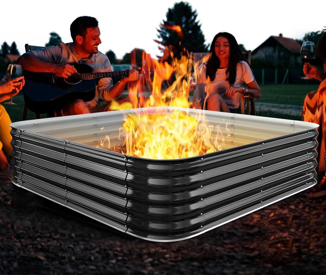 Height 16.5 Inch, Square Galvanized Steel Fire Pit for Outside, Heavy Duty Steel Fire Pit In-Ground for Backyard, Camping, Bonfire, Flower Raised Garden Bed for Garden (4x4x1.5ft)