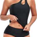 Women's Two Piece Tankini Swimsuits One Shoulder Tummy Control Keyhole Bathing Suits Swim Top with Bottom (Black, L)