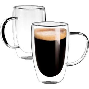 Clear Glass Double Wall Insulated Round Coffee Mugs Set of 2 Pieces - Large Size 16oz Best Reusable Coffee Mug for Home Cafe Restaurant Perfect for Espresso Capucinno Lungo Latte Coffee