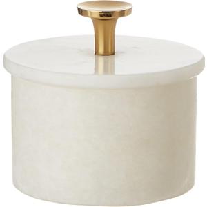 Queenza Salt Cellar with Lid & Brass Knob - 3 Inch White Makrana Marble Salt Bowl, Salt Dish for Kitchen and Dining - Multipurpose Small Box with Lid