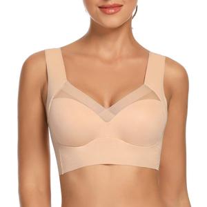 WOWENY Seamless Wirefree Bras for Women Comfy Mesh Soft Padded Back Smoothing Bra (Beige, L)