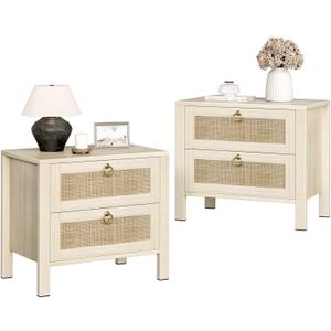 BOLUO Wood Wide Night Stand Set 2, Large Nightstand with 2 Drawers Boho Nightstands Wooden Rattan Bedside Table for Bedroom