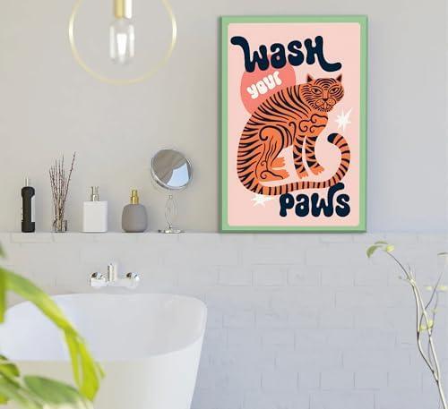 Framed Funny Bathroom Animal Wall Art Pictures Fun Toilet Canvas Prints Trendy Tiger Wash Your Paws Posters Funky Home Wall Decor 16x24in