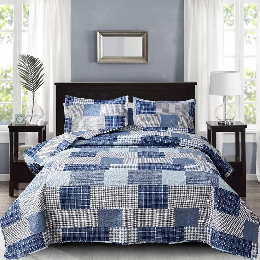 CHESITY Plaid Quilt Set Twin Size 3-Piece Navy Blue Plaid Bedding Sets Reversible Lightweight Stripe Quilt Grid Coverlet Bedspread Patchwork Soft Quilt for Bed (68" x 86")