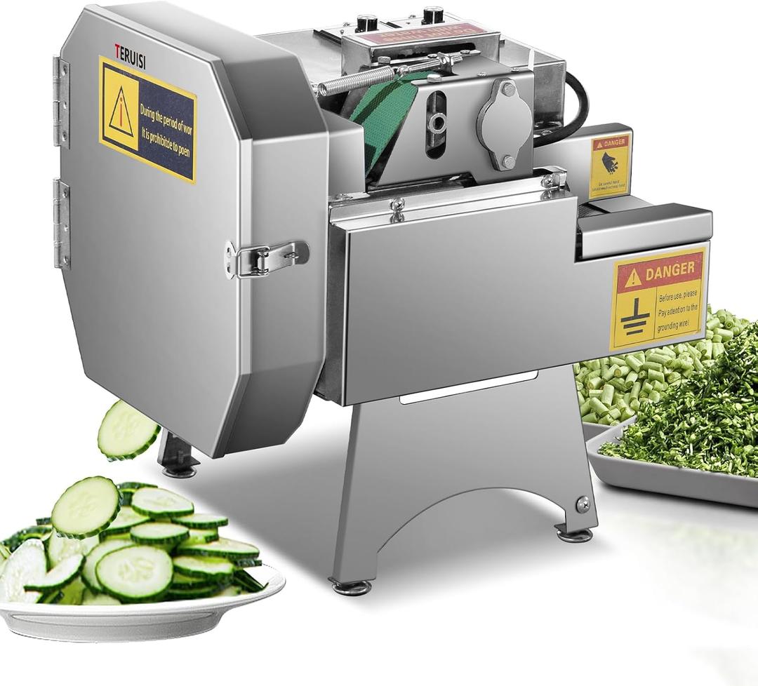 TERUISI Commercial Vegetable Chopper, 200W Electric Vegetable Cutter, Industrial Slicer Stainless Steel Onion Chopper with Conveyor Belt, 2-20mm Adjustable Thickness for Veggie Tomato Lemon Potato