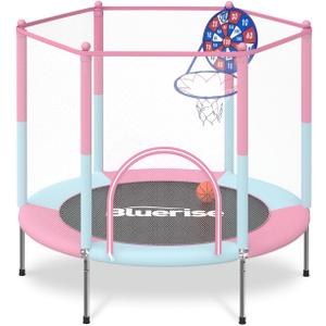 BLUERISE 55IN 6FT Toddler Trampoline for Kids Indoor Outdoor Play for Kids Trampoline Basketball Hoop Attachment with Enclosure Net Easy to Assemble