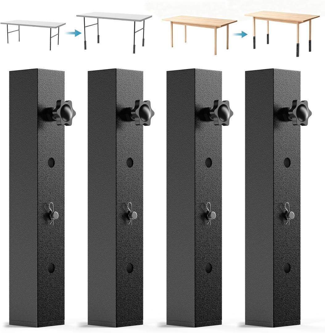 4-Pack Adjustable Folding Table Legs Extenders, Heavy-Duty Steel Furniture Risers with 3-Levels Height Settings 2in | 4in | 6in, Anti-Wobble & Non-Slip Table Leg Extension (9.8in (Square - 4 Pack))