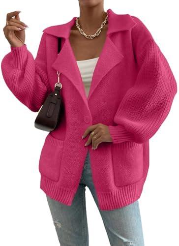 SHEWIN Women Open Front Knit Sweater Oversized Cardigan with Pocket Size M