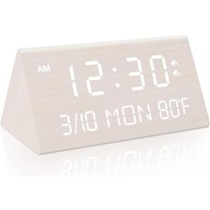 Kogonee Wooden Digital Alarm Clock, 0-100% Dimmer, 2 Alarm Settings, Weekday/Everyday Mode, 9 Mins Snooze, 12/24H, Temperature and Date Display for Office, Travel, Bedroom Alarm Clock (White)