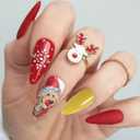 Christmas Press on Nails Medium Almond Fake Nails with Santa Claus Design Snowflake Glue on Nails Yellow Stick on Nail Red Xmas False Nail for Women Girls Winter Holiday Manicure 24pcs