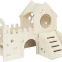 Wood Hamster Hideout House Habitat Wooden Maze Hide Hut with Climbing Ladder and Platform Cage Accessories Toys for Dwarf Gerbils Mouse Mice Rat Other Small Animals etc.