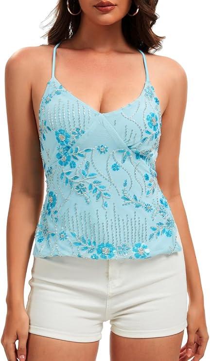 Y2K Women Cute Sparkle Backless Sequin Cami Top 2025 V Neck Open Back Criss Cross Straps Summer Crop Tops L