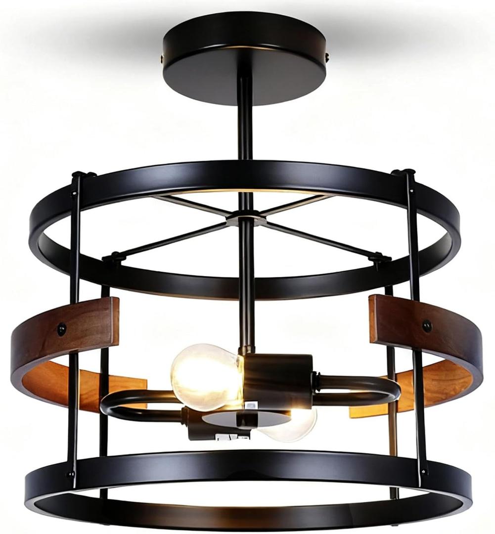 MonDaufie Black Farmhouse Ceiling Light, Round Rustic Vintage Flush Mount Light Fixture, 2 Light Retro Metal Ceiling lamp for Hallway, Entryway, Bedroom, Dining Room Visit The Store
