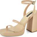 MIRAAZZURRA Platform Strappy Heel Sandals Square Open Toe Two Strap Chunky High Heeled Sandals with Buckle Ankle Strap for Women Party Wedding Dress (8, Nude)