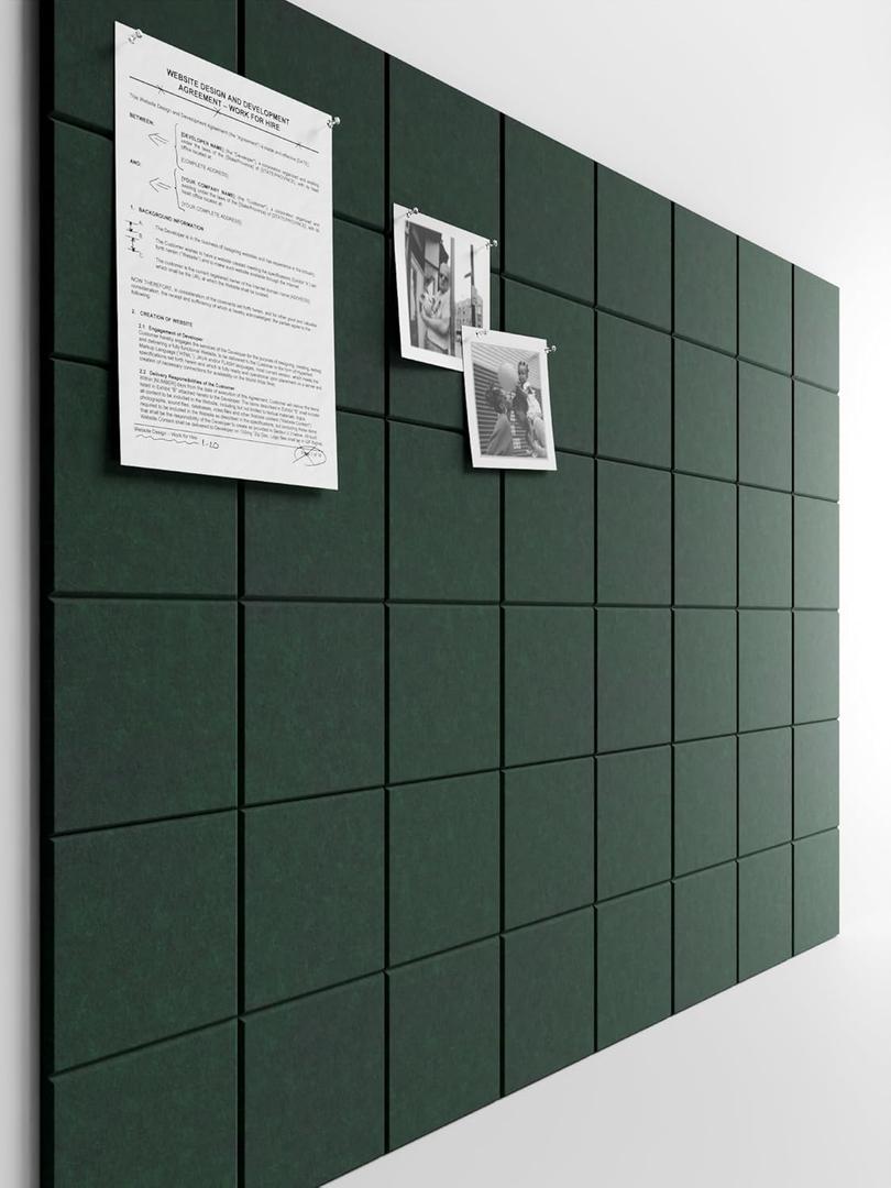 Bumusty Large Felt Bulletin Board, 48" x 36" Cork Board Alternative, 12-Pack Wall Tiles with 4-Compartment Design, 30 Push Pins, 70 Adhesive Tabs, Ideal for Office & Home Decor, Pine Green