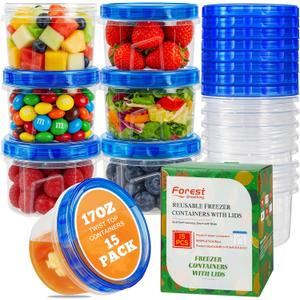 15 Pack 17oz Reusable Freezer Storage Containers with Twist Top Lids Airtight, Small Plastic Food Storage Containers for Meal Prep Leftover Lunch Fruit Salad, Soup Container Microwave Freezer Safe