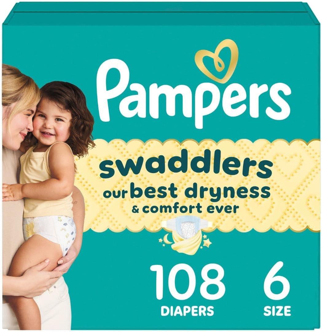 Pampers Swaddlers Diapers, Size 6 (23-44 lbs), 108 Count, Absorbent, Keeps Baby Dry and Comfortable, Skin Safe Disposable Baby Diaper Pampers Swaddlers Diapers, Size 6 (23-44 lbs), 108 Count, Absorbent, Keeps Baby Dry and Comfortable, Skin Safe Disposable Baby Diaper