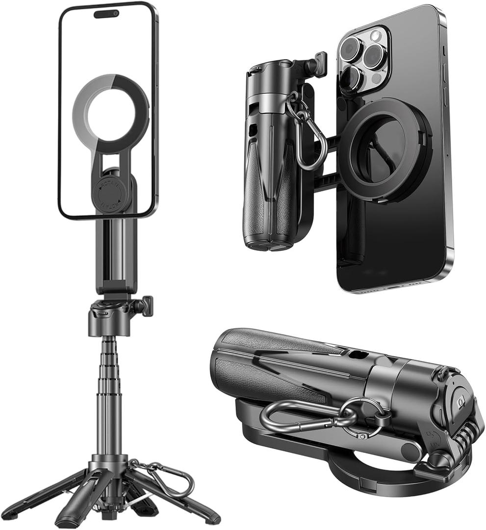 4 in 1 Magnetic Tripod Pocket Selfie Stick Extendable Cell Phone Stand Portable Camera Grip Handle with Wireless Detachable Remote Control for Photograph/Live Streaming/Video/Travel (Black)
