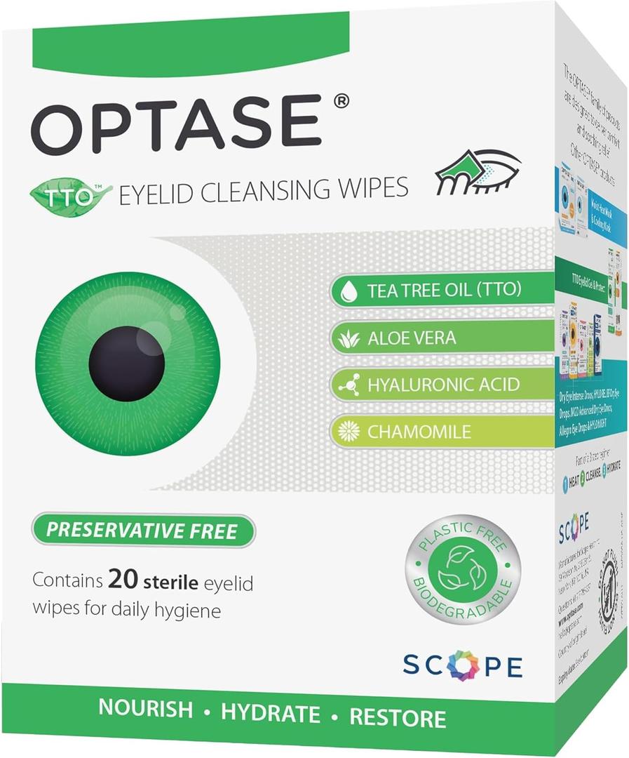 OPTASE TTO Eyelid Cleansing Wipes, 20 Wipes  Individually Wrapped Tea Tree Oil Eyelid Wipes  Preservative-Free Formula for Daily Use  Eye Doctor Recommended Tea Tree Eyelid Cleanser