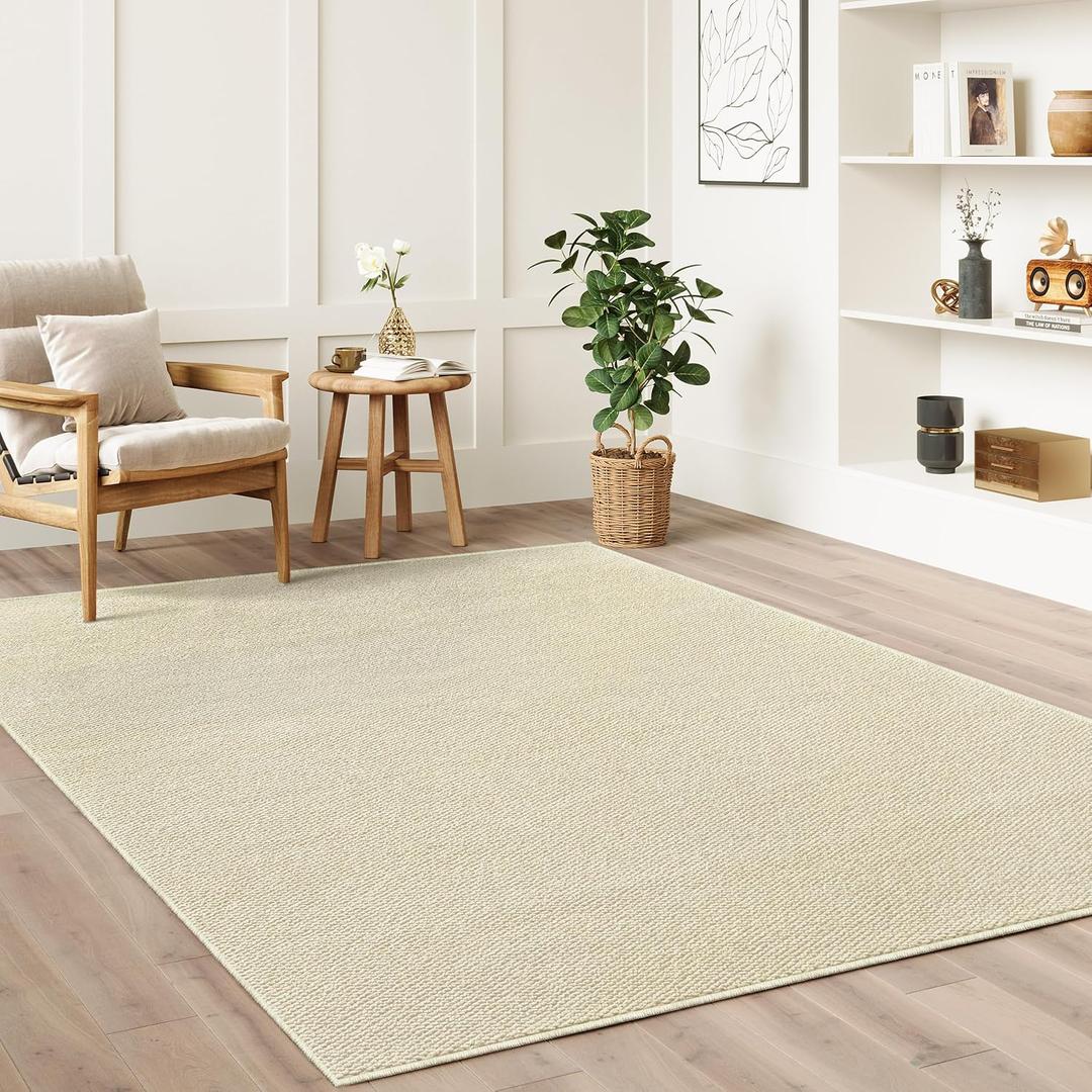 Washable Faux Sisal Rug, 10x14 Firm Textured Woven Mat, Indoor-Outdoor Non-Slip Easy-Clean Area Rug, Solid Modern Carpet for Living Room, Bedroom, Kitchen, Entryway, Patio, Cream Beige
