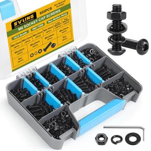 655PCS M6 Bolt Assortment Kit, M6 x 10/12/14/16/20/25/30/35mm Button Head Hex Socket Cap Screws Nuts Bolts Washer Assortment Kit 10.9 Grade Alloy Steel Black Oxide