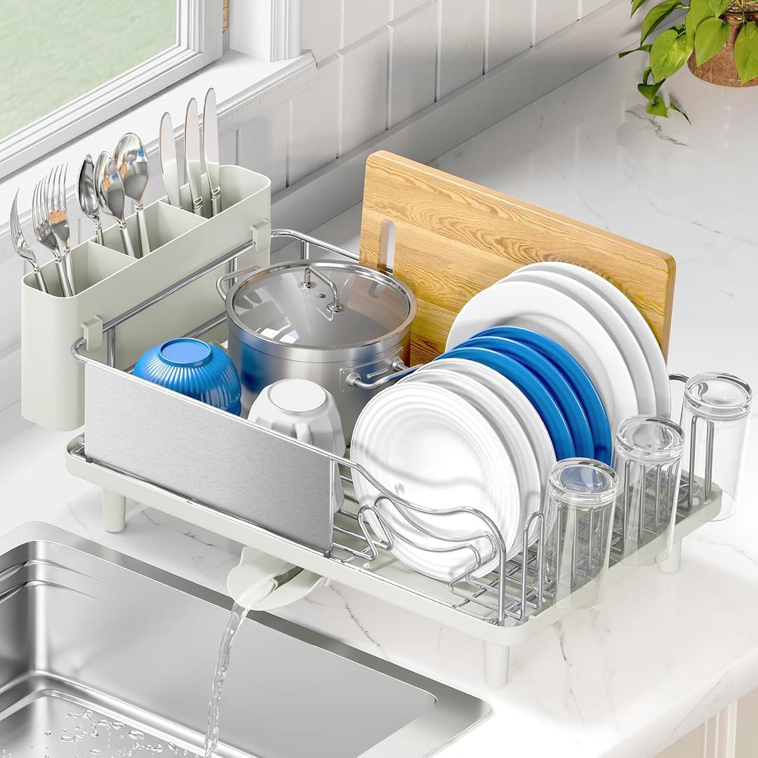 Stainless Steel Dish Drying Rack - Large Capcity 304 Grade Dish Drainer for Kitchen Counter with Drain Board, Utensil Holder & Detachable Cup Shelf, Rustproof Multifunctional Organizer, Light Green