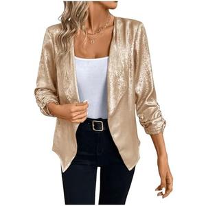 WDIRARA Women's Sequin Glitter Open Front Blazer Casual Long Sleeve Sparkl Jacket Outerwear M