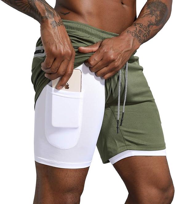 Leidowei Men's 2 in 1 Workout Running Shorts Lightweight Training Yoga Gym 7" Short with Zipper Pockets, Size M