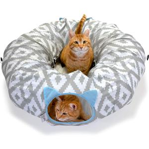 Kitty City Large Cat Tunnel Bed, 2-in-1 Zip-Together Cat Play Tunnel & Plush Nap Bed, Pop-Up Indoor Cat Toy with Hanging Toys, Collapsible Design - White