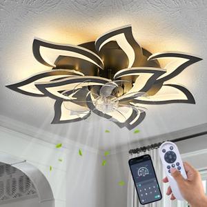 32inch Black Flower Modern Ceiling Fans with Lights, Low Profile Ceiling Fan with Remote for Bedroom, Flush Mount Ceiling Fan with LED Dimmable Light,6-Speeds, Timing Ceiling Fan Light