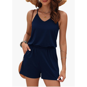 MISFAY Womens Summer Loose V Neck Spaghetti Strap Short Jumpsuit Rompers, M